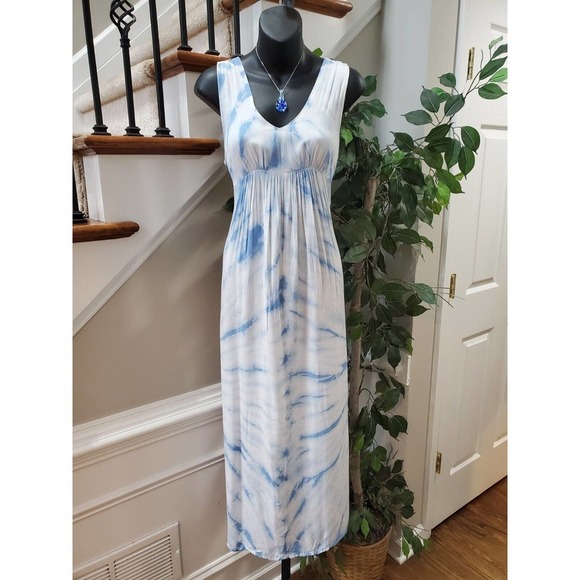 Raviya Womens White Blue Tie Dye 100% Rayon V Neck Sleeveless Maxi Dress Small - Picture 13 of 13